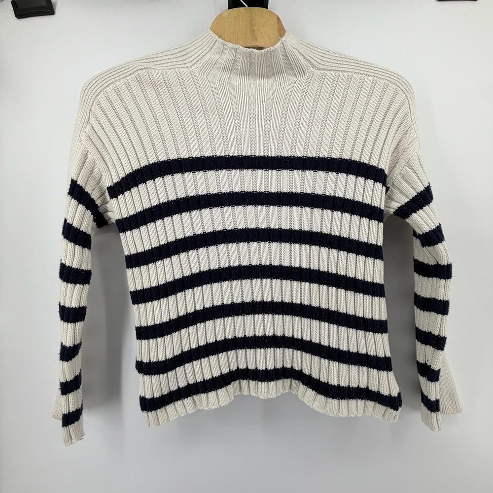 Abercrombie Fitch Striped Mock Neck Ribbed Knit Sweater Cream Navy Women's L - Picture 2 of 9